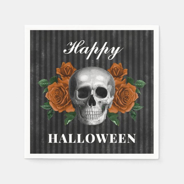 Gothic Roses & Skull Happy Halloween  Napkin (Front)
