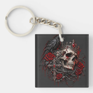 Gothic Royal Skull with Crown Raven and Red Roses  Keychain