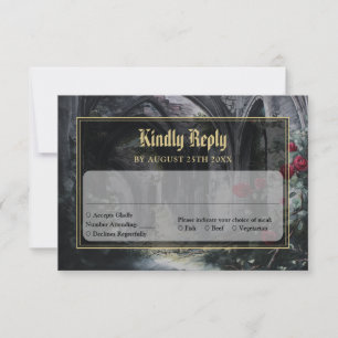 Gothic Ruins Roses Floral Black And Gold Wedding RSVP Card