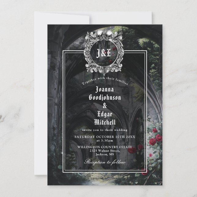 Gothic Ruins Roses Monogram All In One Wedding Invitation (Front)