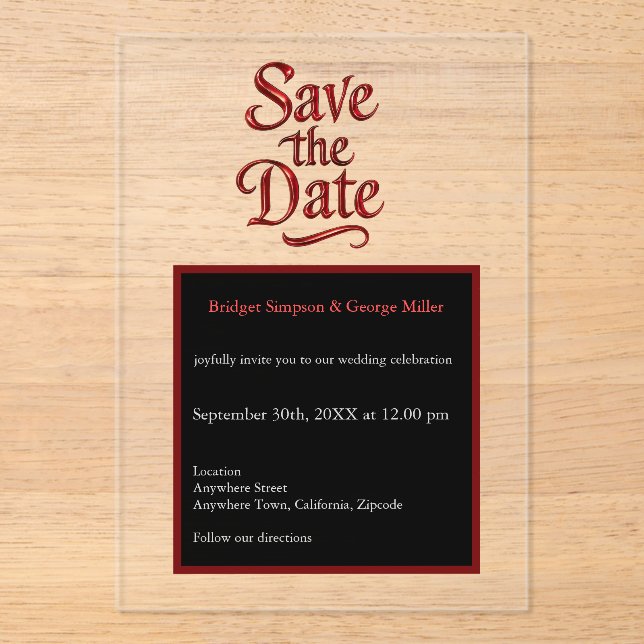 Gothic Save the Date – transparant red Metallic  Acrylic Invitations (Front)