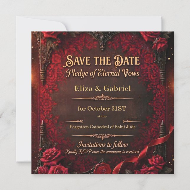 Gothic Save the Date with Red Rose and Wax Seal (Front)