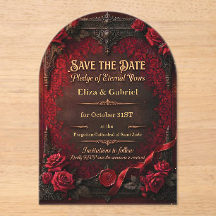 Gothic Save the Date with Red Rose and Wax Seal Acrylic Invitations