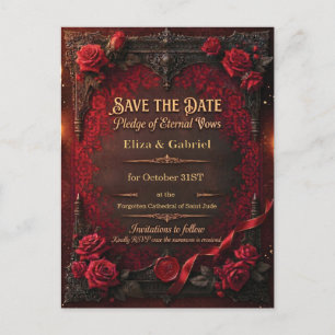Gothic Save the Date with Red Rose and Wax Seal Invitation Postcard