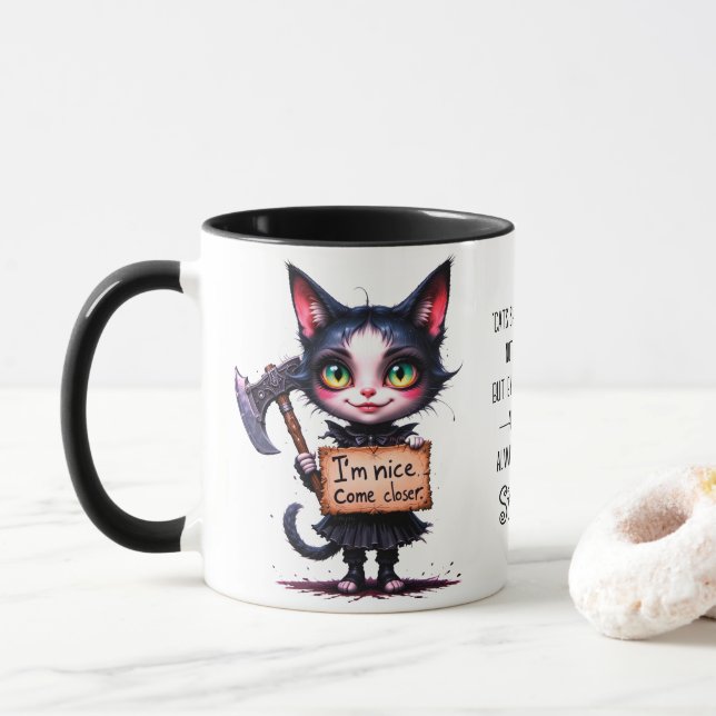 Gothic Scary Psycho Cute Cat With Axe  Mug (With Donut)