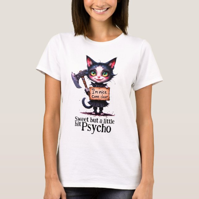 Gothic Scary Psycho Cute Cat With Axe  T-Shirt (Front)