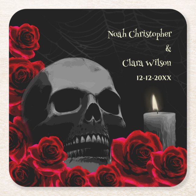 Gothic Scary Skull and Red Roses Halloween Square Paper Coaster (Front)