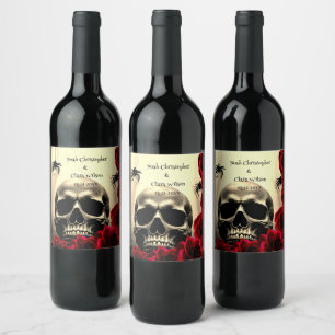 Gothic Scary Skull Black Red Roses Halloween Wine Label