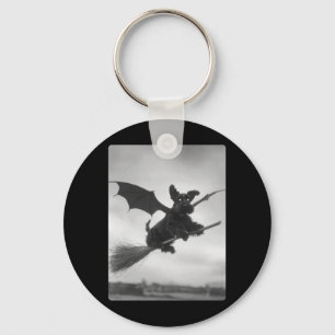 Gothic Schnauzer Witch Broom Bat Wings Spooky Keychain