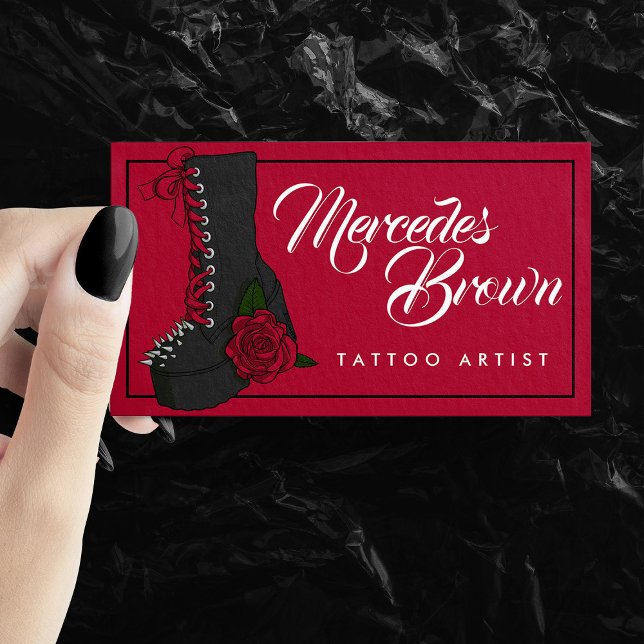 Gothic Script Boot Red Tattoo Artist Business Card (Gothic Script Boot Red Tattoo Artist Business Card)