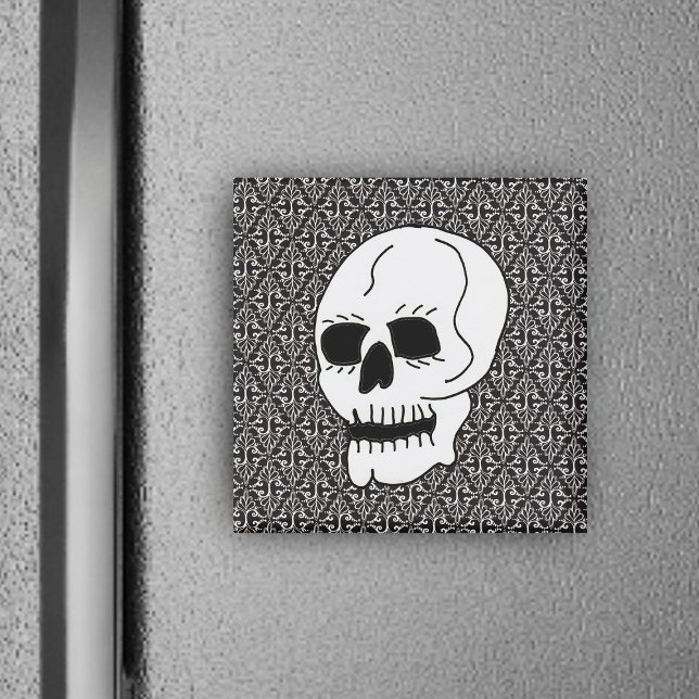 Gothic Scroll and Skull Magnet (White skull on black and white fancy damask pattern with scrolls on square magnet.)