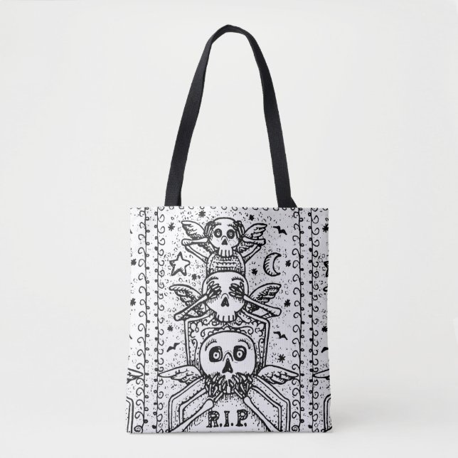 GOTHIC SEE NO EVIL, CEMETERY SKELETON TOTE BAG (Front)