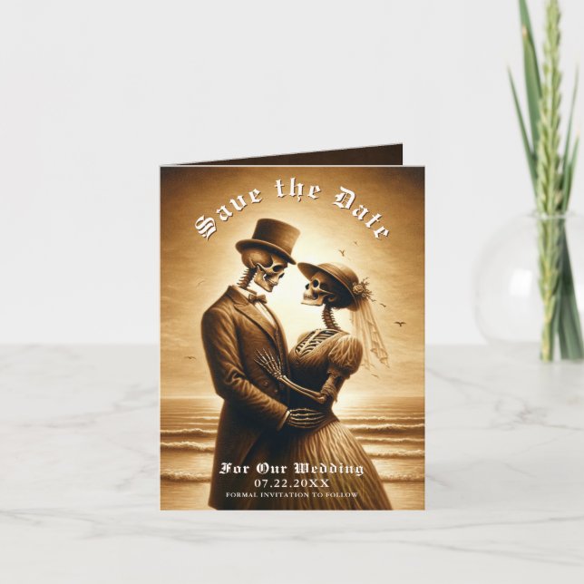 Gothic Sepia Skeleton Couple Wedding Save the Date Announcement (Front)