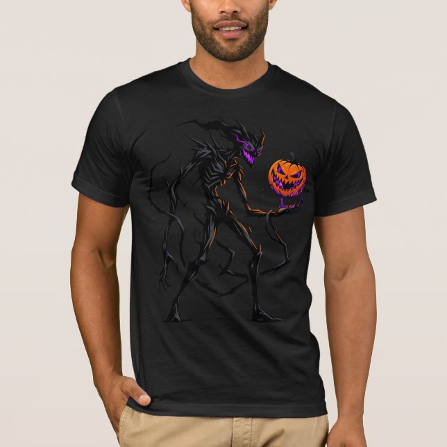 Gothic Shadow Monster holding Jack o Lantern Tee (Front)