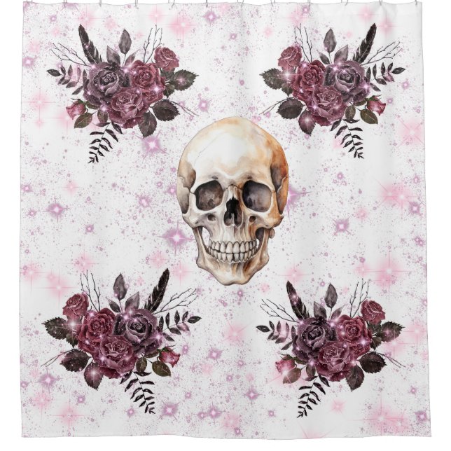 Gothic Shower Curtain Skull, Roses and Glitter (Front)