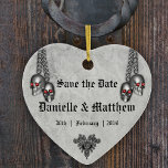 Gothic Silver Skulls Wedding Save the Date Ceramic Ornament<br><div class="desc">A dark, gothic save the date ornament, which has pairs of little silver skulls with red eyes hanging down from the top and a gothic black jewel at the bottom. All details can be customized as needed in the Personalize this Template link above. This deliciously creepy wedding keepsake is part...</div>