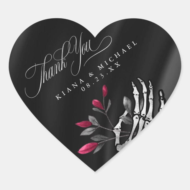 Gothic Skeletal Hand Thank You Burgundy ID866 Heart Sticker (Front)