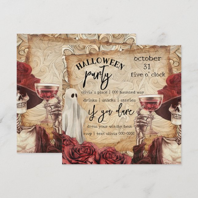 Gothic Skeleton and Ghost Victorian Halloween  Invitation (Front/Back)