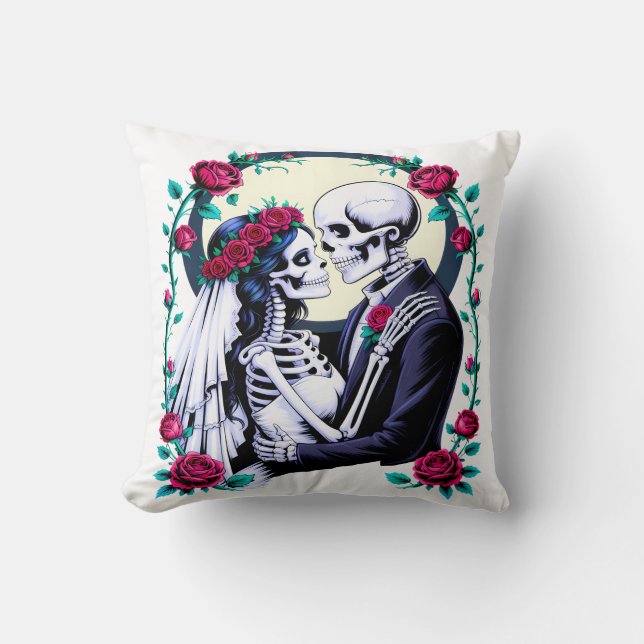 Gothic Skeleton Bride and Groom Dark Romance Throw Pillow (Front)