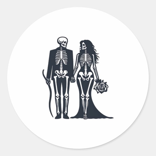 Gothic Skeleton Bride & Groom – Till Death Do Us P Classic Round Sticker (Front)