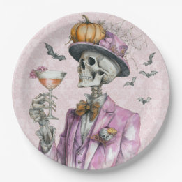 Gothic Skeleton Cocktail Party Halloween Paper Plate
