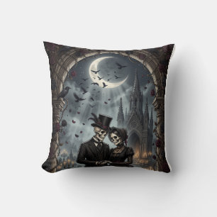 Gothic Skeleton Couple Dark Romance Roses Throw Pillow