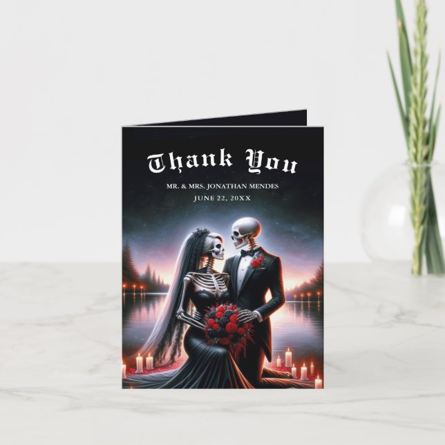 Gothic Skeleton Couple Navy Wedding Thank You (Front)