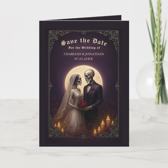 Gothic Skeleton Couple Purple Save the Date Announcement (Front)