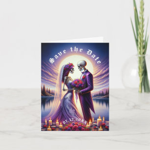 Gothic Skeleton Couple Red Roses Save the Date Announcement