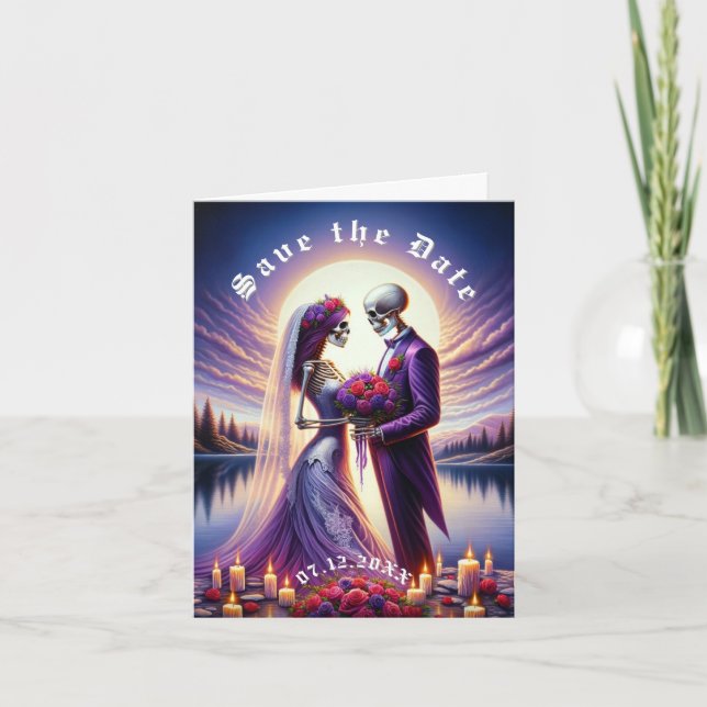 Gothic Skeleton Couple Red Roses Save the Date Announcement (Front)