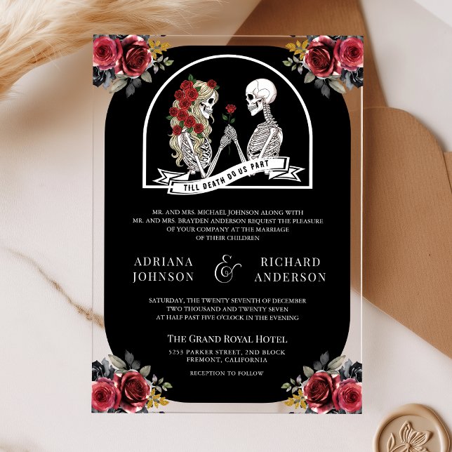 Gothic Skeleton Couple Roses Black Wedding Acrylic Invitations (Creator Uploaded)