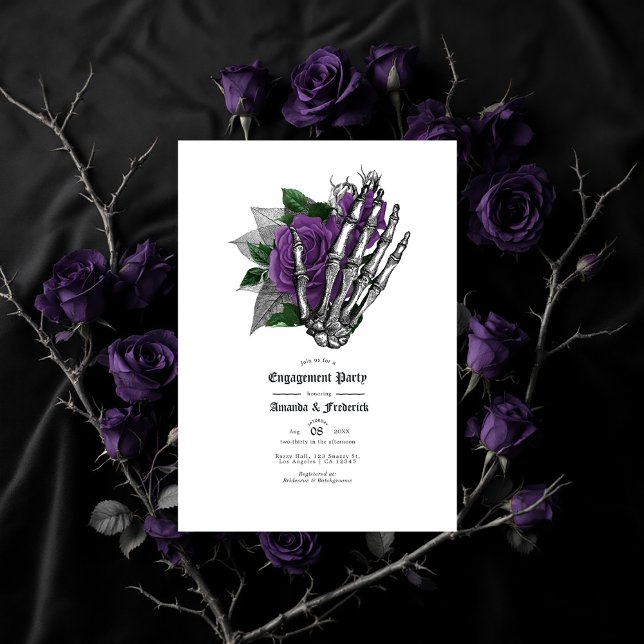 Gothic Skeleton Hand and Purple Rose Engagement Invitation (Gothic Skeleton Hand and Purple Rose Engagement Invitation)