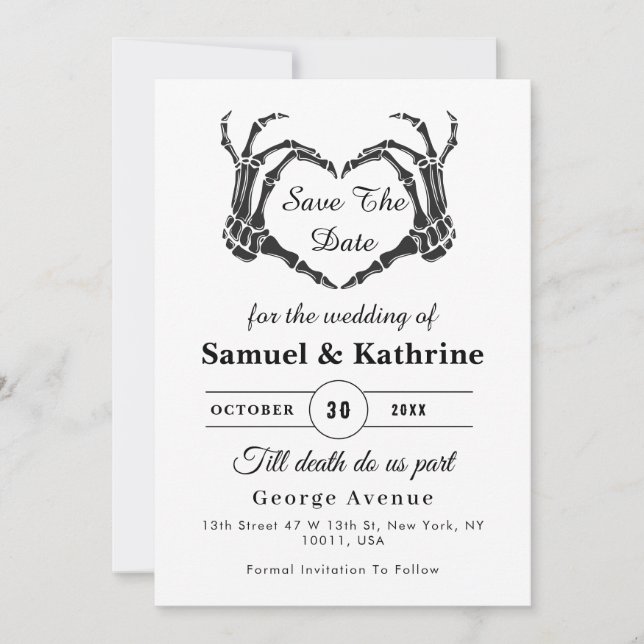 Gothic Skeleton Hand Halloween Wedding Save Date (Front)