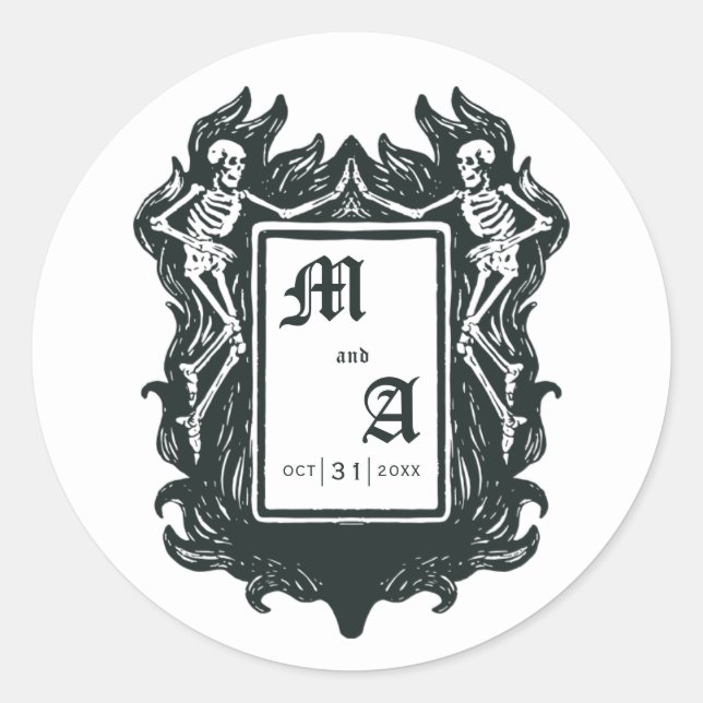 Gothic Skeleton Love Initials  Classic Round Sticker (Front)