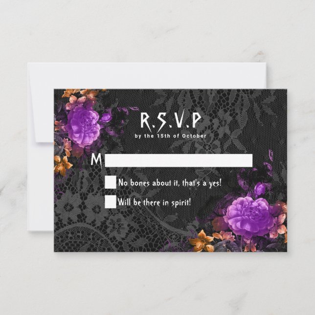 Gothic Skeleton Purple Floral Halloween Wedding RSVP Card (Front)