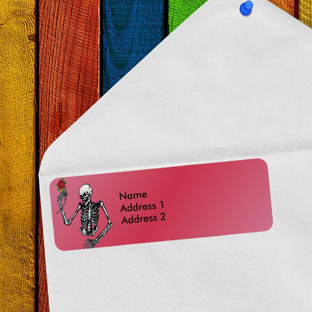 Gothic Skeleton Single Red Rose Return Address (Skeleton holding red rose on stem on red spooky Valentine return address labels.)