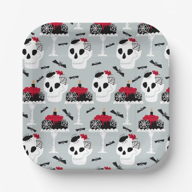 Gothic Skeleton Skull Party Cake Bats Spiders Paper Plate (Front)