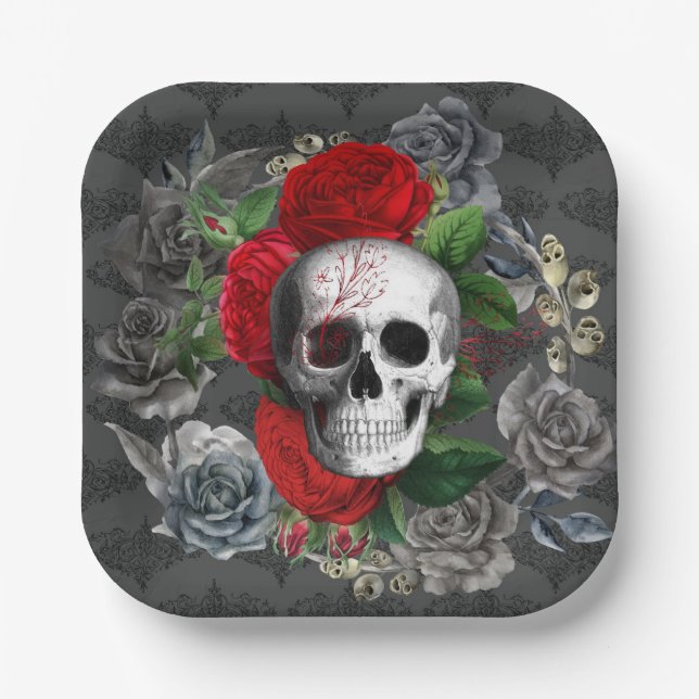 Gothic Skeleton Skull Red Roses Grey Floral  Paper Paper Plate (Front)