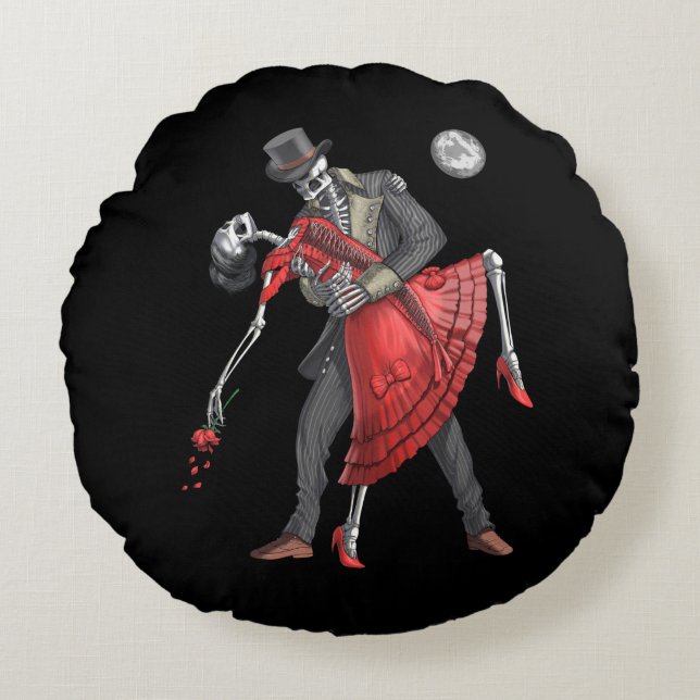 Gothic Skeletons Dancing Round Pillow (Front)
