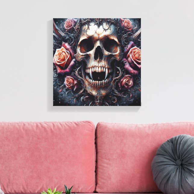 Gothic Skull Adorned with Roses Canvas Print (Insitu(LivingRoom))