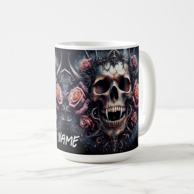 Gothic Skull Adorned with Roses Coffee Mug (Front Right)