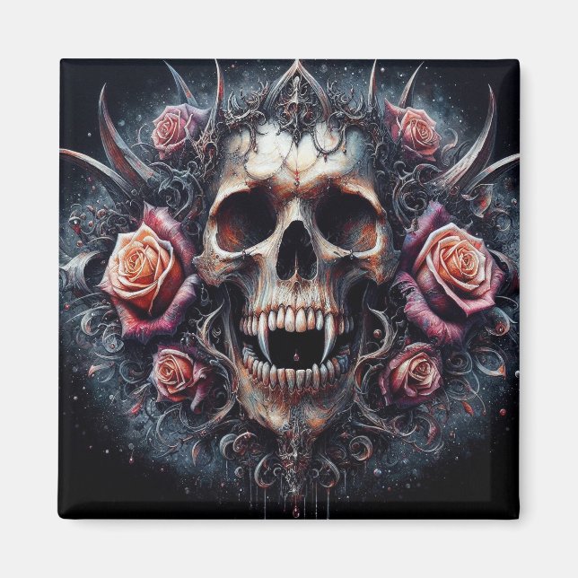 Gothic Skull Adorned with Roses Magnet (Front)
