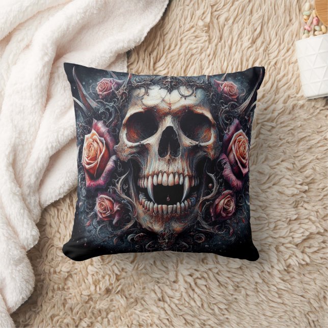 Gothic Skull Adorned with Roses Throw Pillow (Blanket)