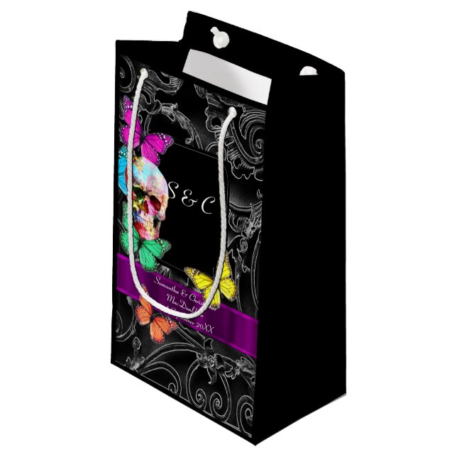 Gothic skull and black personalized wedding small gift bag (Front Angled)