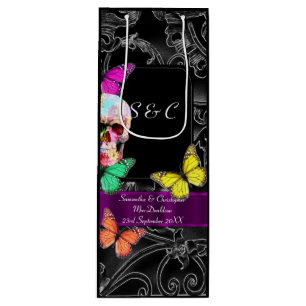 Gothic skull and black personalized wedding wine gift bag