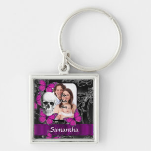 Gothic skull and butterflies keychain