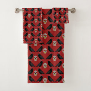 Gothic Skull and Guardian Ravens Halloween Bath Towel Set