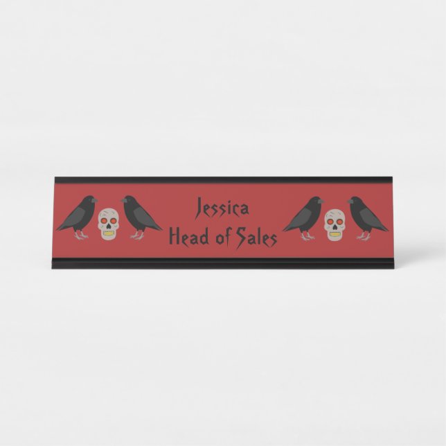 Gothic Skull and Guardian Ravens Halloween Custom Desk Name Plate (Front)