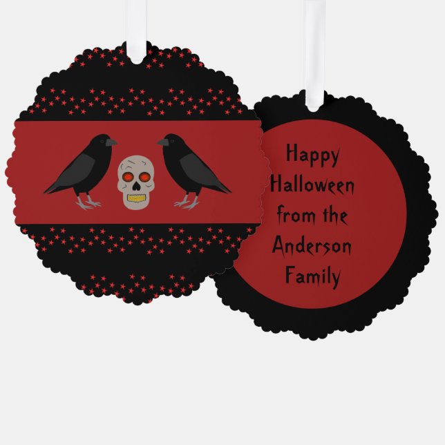 Gothic Skull and Guardian Ravens Halloween Custom Ornament Card (Front/Back)