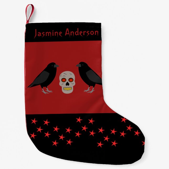 Gothic Skull and Guardian Ravens Halloween Custom Small Christmas Stocking (Front)